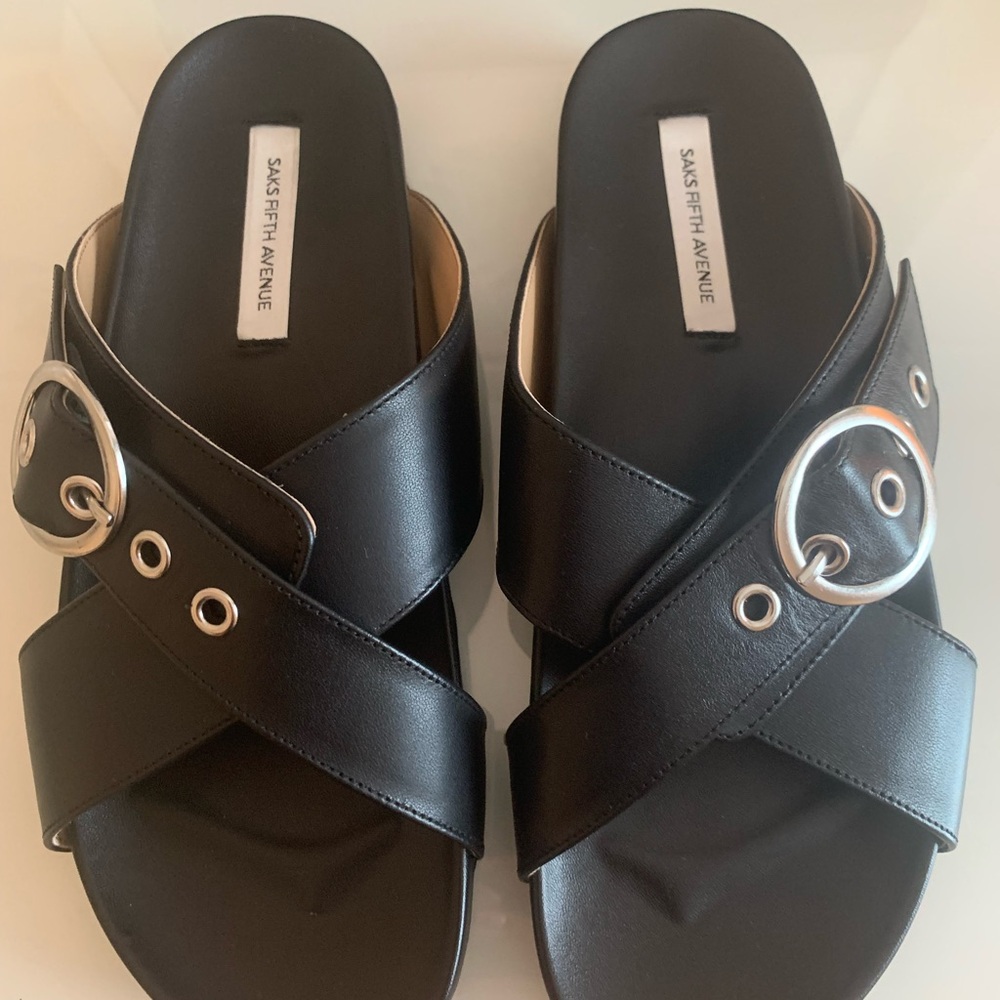 Saks Fifth Avenue Judi Buckle Crossover Black Leather Sandals
